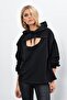 Women's Black Hooded Sweatshirt with Window on the Front Yİ1669 - 7