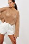 Women's Camel Spanish Sleeve Openwork Knitwear Short Blouse SMT181 - 8