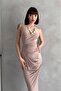 Crew Neck Draped Ruched Stretchy Sandy Fabric Sleeveless Maxi Dress - 2
