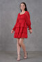 Women's Skirt Detailed Lined Chiffon Fabric Red Mini Dress 078 - 6