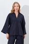 Women's Black Deep V-Neck Elbow Sleeve Casual Shirt - 2