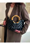 Lattice Cutout Design Handle Bag Drawstring Closure Lined Casual Chic Tote Black Women's Hand Bag