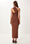 One Shoulder Saran Stretchy Woven Dress Brown Lfk0014 - 5