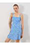 Lcw Vision Blue U-Neck Floral Strap Waist Sitting Mini Dress