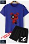 Children's Unisex “Bear Patched Red Black“ Custom Printed Crew Neck T-Shirt - Shorts Set