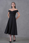 Women's Stretchy Diver Fabric Kiss Collar Midi Length Flared Cutout Black Evening Dress 77128 - 7