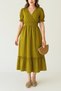 Women's Oil Green Double Breasted Collar Gipeli Muslin Dress - Short Sleeve Summer Casual Midi Dress