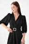 New Season Stretch Fabric Double Breasted Collar Stone Belt Design Women's Midi Dress 3602 - 2