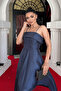 Taffeta Satin Fabric Strap Evening Dress - Dark Blue - 3