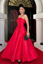 Taffeta Satin Fabric Strap Evening Dress - Red - 2