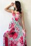Women's Strap Pink Floral Patterned Long Slit Chiffon Evening Dress - 6