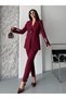 Women’s Stone-Decorated Jacket and Trousers Set Burgundy