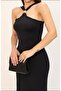 Women's Long Black Dress with Neck Accessories - 3