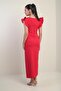 Women's Shoulder Rose Embroidered Lined Long Dress with Front Slit and Flounce - 4