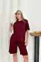 Women's Burgundy Modal Fabric Short Sleeve Basic Shorts Set - 2