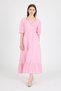 Pink 100% Cotton Muslin V-Neck Waist Elastic Midi Dress 4780A
