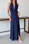 Women's Halter Neckline Chest Low Back Tie-Up Slit Dress - 2