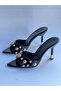 Women's Gold Stone Heeled Pointed Toe Daily Slippers Black - 2