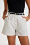 High Waist Black and White Striped Belted Classic Shorts - 3