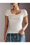 Y2K Model Square Collar Ribbed Short Sleeve Cotton Blouse - 4