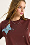 Women's Coffee Butterfly Accessory Stone Embroidered Short Sleeve T-Shirt 60602036 - 5