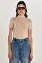 Women's Standard Fit Short Sleeve Half Turtleneck Beige Blouse - 4