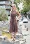 Women's Silky Modal Combed Cotton Fabric Deep Sleeveless Shoulder Accessory Pocket Lined Dress with Belt-Brown - 3