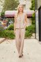 Women's Linen Look Lycra-Free High Waist Elastic Waist Side Pockets Wide Leg Palazzo Trousers-Stone - 3