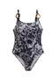 Women's Black Floral Patterned Gathered Swimsuit with Accessory Detail - 4