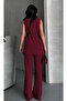 Women's Shawl Collar and Belted Vest Trousers Suit Burgundy - 6