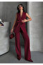 Women's Shawl Collar and Belted Vest Trousers Suit Burgundy