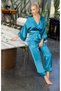 Women's Turquoise Satin Belted Pajama Set Kimono Sleeve Detailed Stylish and Comfortable Set of 2 - 2
