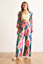 Women's Pink Blue Elastic Waist Patterned Viscose Palazzo Trousers Pnt-19000356 - 2