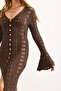 Women's Brown Buttoned Spanish Sleeve Openwork Maxi Dress Elb-19002487 - 5