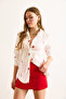 Women's Red and White Daisy Embroidered Eyelet Shirt GML-19001366 - 4