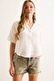 Women's White V-Neck Short Sleeve Muslin Shirt Gml-19001369 - 5