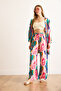 Women's Pink Blue Elastic Waist Patterned Viscose Palazzo Trousers Pnt-19000356 - 5