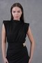 New Season Shoulder Padded Wrap Cut Gold Accessory Midi Length Sleeveless Black Dress 4409 - 2