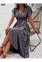 Women's Casual Chic Double Breasted Single Jersey Dress with Belt Ruffle Floral Pattern Summer Model - 4