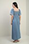 Women's Pentagonal Collar Button Detailed Embroidered Long Denim Dress with Gipsey Back - 4