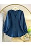 Women's Tiny Button Detailed V-Neck Balloon Sleeve Navy Blue Hijab Shirt - 6