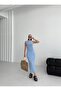 Body Fitting Slit Knitwear Beach Dress - Blue - 4