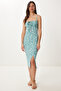 Women's Water Green Floral Slit Summer Knitted Dress CI00029