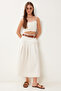 Women's Cream Belted Summer Flared Linen Skirt Bv00161 - 3