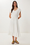 Women's Ecru Flounced Summer Midi Crinkle Knitted Dress Zv00333 - 2