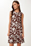 Women's Brown Bone Patterned Flounced Summer Crinkle Knitted Dress Iy00003 - 2