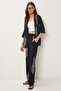 Women's Black Bone Patterned Crinkle Knitted Kimono Pants Set İy00006 - 2