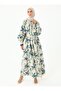 Patterned Gathered Collar Modest Dress - Blue - Refka