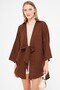 Women's Coffee Self Striped Front Tie Kimono Shirt Arm-24Y 001101
