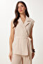 Belted Vest Palazzo Knitted Suit Cream Lby0002 - 4
